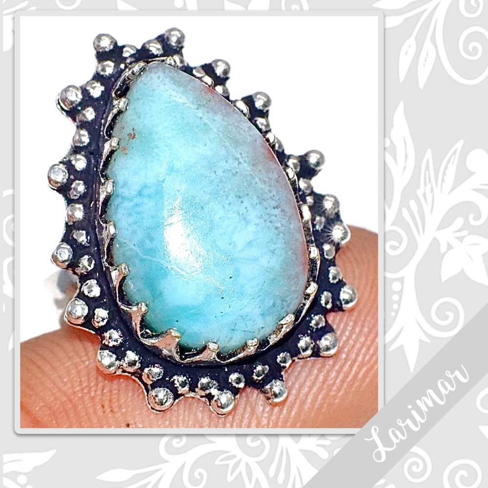 Larimar Eclectic Silver Artisan Ring, Size 5 (Aqua / Turquoise Blue)